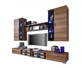 California Wohnwand und Sideboard Swing (6-teilig) - Kernnussbaum-Dekor (Wohnzimmer Swing - Wohnwand mit Sideboard - Kernnussbaum Nachbildung - Frontabsetzung in Glas - schwarz/lackiert)