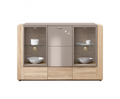 PerfectFurn Vitrinenschrank Ancona - Eiche Dekor/Grau Hochglanz - Drei Türen (Zubehör: ohne Beleuchtung)