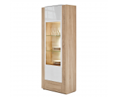 PerfectFurn Vitrinenschrank Ancona - Eiche Dekor/Weiß Hochglanz - Eine Tür mit Glaseinsatz (Zubehör: ohne Beleuchtung)