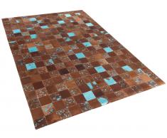 Teppich Braun-Blau - Patchwork - Leder - Fell - Läufer - Fellteppich - 80x150 cm - ALIAGA