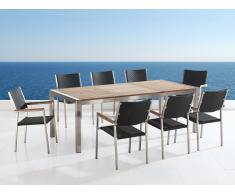Gartenmöbel - Edelstahltisch mit Holzplatte 220cm dreifach mit 8 x Rattan Stühle - GROSSETO