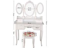 TRESKO® Schminktisch Frisiertisch Frisierkommode Kosmetiktisch Make-up-Tisch mit Kippsicherung, Schminkhocker, neigbarem Schwenk-Spiegel und 2 klappbaren Seitenspiegeln, 7 Schubladen, Holz, weiß