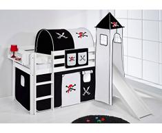Lilokids Spielbett JELLE 90 x 190 cm Pirat Schwarz Weiß - Hochbett - weiß - mit Turm, Rutsche und Vorhang