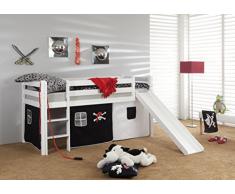 Hochbett Bett Piraten Marco Kiefer Massiv Weiß Spielbett inkl. 1 x Rollrost + Vorhang + Turm