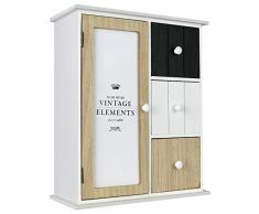 Mini-Holzschränkchen Holzschrank Kommode - 28x13xH33,5cm, 1 Tür, 3 Schubladen, Holz, Weiß/Natur/Schwarz, Vintage-Look - Aufbewahrung Badschrank Flurschrank Dielenkommode
