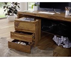 WOHNLING Rollcontainer Sheesham Massivholz Design Schubladenschrank Natur-Holz für Schreibtisch 3 Schubladen Landhaus-Stil Rollwagen Büro 61cm hoch Kommode dunkel-braun Büromöbel Bürocontainer Unikat