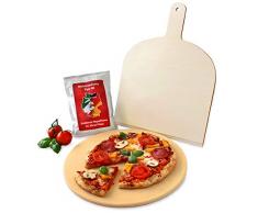 Vesuvo V32001 Pizzastein- / Brotbackbackstein Set für Backofen und Grill / rund 32cm / mit Pizzaschaufel und Pizzamehl