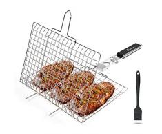 WolfWise Grillkorb Fischbräter, Gemüsekorb Burger Grillwender, Grillrost Grill Basket mit Holzgriff, aus 430 Edelstahl Abziehbar