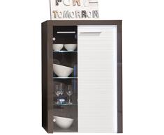 trendteam FLO03603 Vitrine Wohnzimmerschrank weiss Hochglanz Rillenoptik, Absetzungen Grau Hochglanz, BxHxT 88x137x37 cm