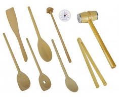 Küchen / Koch / Grill Besteck Holz Set 9 tlg. Mit Fleischklopfer , Grillzange , Kochlöffel , Quirl , Pfannenwender und Kunststoff Thermometer Analog