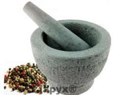 Mörser mit Stößel (massiver Mörser aus Naturstein , Natur belassen, mit Schlegel teil poliert) , iapyx®