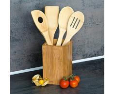 Relaxdays Küchenhelfer Set Bambus 5-teilig je 30 cm lang als Kochlöffel Set aus Holzlöffel Rührkelle Lochkelle und Pfannenwender mit Halter bzw. Ständer für Kochbesteck als Küchenutensilien, natur