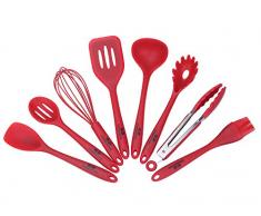 GA Homefavor 8 Stück Red Silikon Küchenutensilien Hitzebeständig Küchenhelfer Set Pfannenwender, Schöpfkelle, Backpinsel, Rührlöffel, Nudel Portionierer, Schaumlöffel Küchenzange