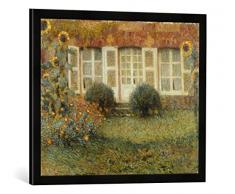 Gerahmtes Bild von Henri Le Sidaner Gartenhaus und Sonnenblumen, Kunstdruck im hochwertigen handgefertigten Bilder-Rahmen, 70x50 cm, Schwarz matt