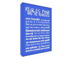 Feel Good Art Wandbild, Règles pour une Vie Heureuse (deutsch: Regeln für ein glückliches Leben), Leinwand auf Rahmen, blau, 60 x 40 x 4 cm