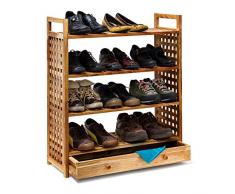 Relaxdays Schuhregal Walnuss H x B x T: 81 x 70 x 27 cm Schuhablage mit Schublade 4 Böden für je 3 Paar Schuhe Holz Schuhschrank mit Griffen zum Tragen und Schubfach zum Ausziehen, geölt, natur