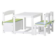 Hoppekids Mathilde Kindersitzgruppe mit Kissenset in blau und lime mit 1 Kindertisch, 2 Kinderstühle und 1 Bank teilmassiv sehr stabil, Holz, weià , 64 x 74 x 56 cm