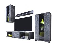 trendteam 1574-001-32 Wohnwand Schiefer Nachbildung, Klarglas Schwarz Siebdruck, BxHxT 217x171x44 cm