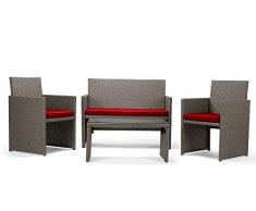 Rattan4Life Sitzgruppe Neapel, 4-teilig Deluxe Polyrattan Gartenmöbel Set, Sofa / Lounge / Gartengarnitur / Kissenbezüge, Rattan grau / braun, Bezug rot