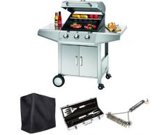 Profi Cook PC-GG 1057 Gasgrill 3-Brenner + Ultranatura Barbecue Grill Hülle Chateau + Bruzzzler Edelstahl Grillbesteck-Set 3-teilig im Koffer + Bruzzzler Grillbürste mit Edelstahlborsten 3-seitig