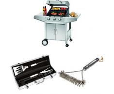 Profi Cook PC-GG 1057 Gasgrill 3-Brenner + Bruzzzler Edelstahl Grillbesteck-Set 3-teilig im Koffer + Bruzzzler Grillbürste mit Edelstahlborsten 3-seitig