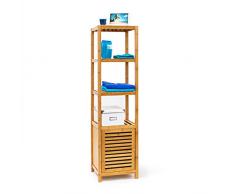 Relaxdays Badregal Bambus mit 5 Ablageflächen HxBxT 140x36,5x33 cm praktisches Holzregal mit mehreren Ebenen und Schrankteil mit magnetischem Verschluss mit Stauraum für Bad und Wohnzimmer, natur