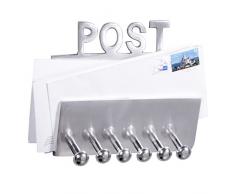 WOHNLING Wandgarderobe POST Garderobenhaken mit Brief-Ablage und Schlüsselbrett 20 cm Aluminium Garderoben-Paneel 6 Haken Design Schlüsselboard Deko Flur-Möbel Garderobenleiste Briefhalter für Diele