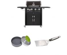 Outdoorchef PERTH 4G + schwarz BBQ Gasgrill Grillstation, 4 Brenner, 18.131.29 + Burgerpresse + Wender