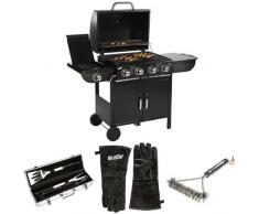 Bruzzzler Gasgrill 4 + 1, Grillwagen, 4 Hauptbrenner und 1 Seitenkocher, schwarz + Grill-Set + Grillhandschuhe + Grillbürste