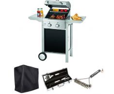 ProfiCook PC-GG 1128 Gasgrill 2 Edelstahlbrenner, Edelstahlfront und -haube, klappbare Seitentische + Ultranatura Barbecue Grill Hülle Chateau + Bruzzzler Edelstahl Grillbesteck-Set 3-teilig im Koffer + Bruzzzler Grillbürste