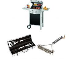 ProfiCook PC-GG 1128 Gasgrill 2 Edelstahlbrenner, Edelstahlfront und -haube, klappbare Seitentische + Bruzzzler Edelstahl Grillbesteck-Set 3-teilig im Koffer + Bruzzzler Grillbürste mit Edelstahlborsten 3-seitig