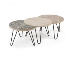 Design Wohnzimmertisch aus Mangobaum Massivholz und Stahl Schwarz gemustert (3-teilig)