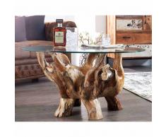Wohnzimmer Couchtisch aus Teak Wurzelholz mit runder Glasplatte