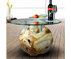 Design Couchtisch aus Teakholz Kugel mit runder Glasplatte