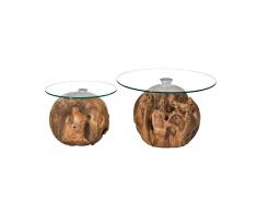 Teakholz Kugel Couchtisch Set mit runder Glasplatte kaufen (2-teilig)
