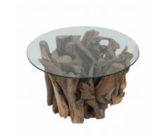 Runder Couchtisch aus Glas Teak Wurzelholz