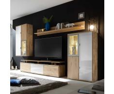 Wohnzimmer Anbauwand aus Wildeiche Massivholz Weiß Glas (4-teilig)