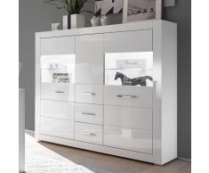 Wohnzimmer Highboard in Hochglanz Weiß und Glas 150 cm breit