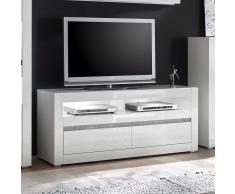 TV Lowboard in Weiß Hochglanz und Beton Grau 150 cm breit