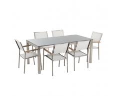 Gartenmöbel Set Granit grau poliert 180 x 90 cm 6-Sitzer Stühle Textilbespannung weiß GROSSETO