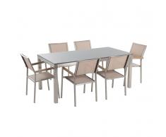 Gartenmöbel Set Granit grau poliert 180 x 90 cm 6-Sitzer Stühle Textilbespannung beige GROSSETO