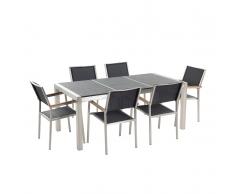 Gartenmöbel Set Naturstein schwarz geflammt 180 x 90 cm 6-Sitzer Stühle Textilbespannung GROSSETO