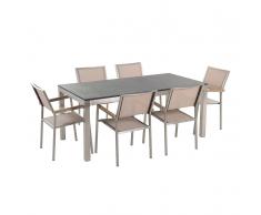 Gartenmöbel Set Naturstein schwarz geflammt 180 x 90 cm 6-Sitzer Stühle Textilbespannung beige GROSSETO