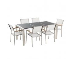 Gartenmöbel Set Naturstein schwarz poliert 180 x 90 cm 6-Sitzer Stühle weiß GROSSETO