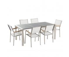 Gartenmöbel Set grau Granit poliert 180 x 90 cm 6-Sitzer Stühle Textilbespannung weiß GROSSETO