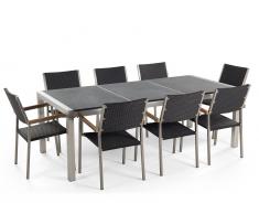 Gartenmöbel Set Naturstein schwarz geflammt 220 x 100 cm 8-Sitzer Stühle Rattan GROSSETO