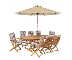 Gartenset Holz mit Auflagen dunkelblau-beige Sonnenschirm MAUI