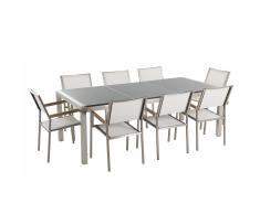Gartenmöbel Set Granit grau poliert 220 x 100 cm 8-Sitzer Stühle Textilbespannung weiss GROSSETO