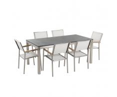 Gartenmöbel Set Naturstein schwarz geflammt 180 x 90 cm 6-Sitzer Stühle Textilbespannung weiss GROSSETO