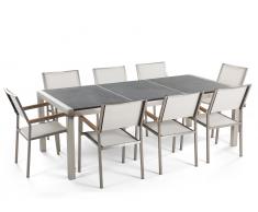 Gartenmöbel Set Naturstein schwarz geflammt 220 x 100 cm 8-Sitzer Stühle Textilbespannung weiss GROSSETO